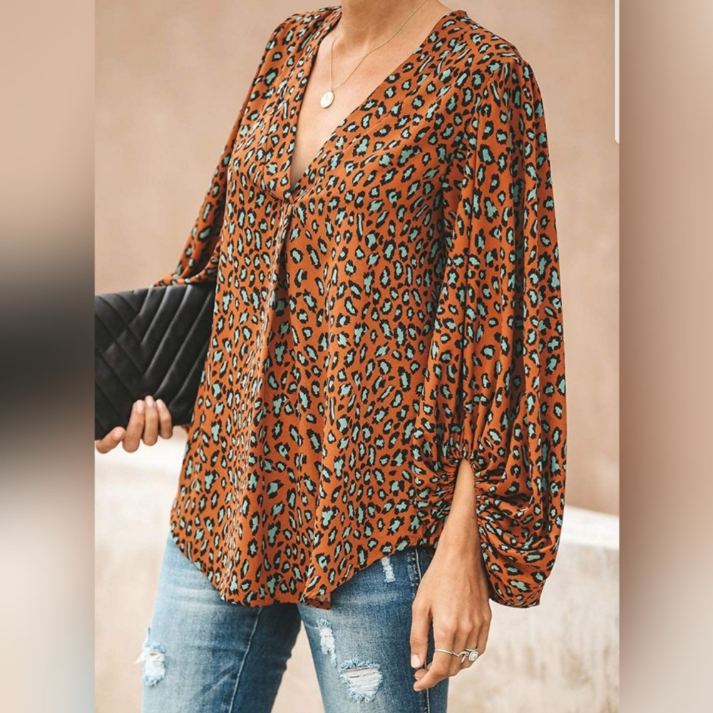 Printed V Neck Lantern Sleeve Blouse Button Down - Picture 2 of 4
